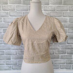 Promesa Linen Blend Like a Queen Puff Sleeve V Neck Blouse Smocked Small NEW